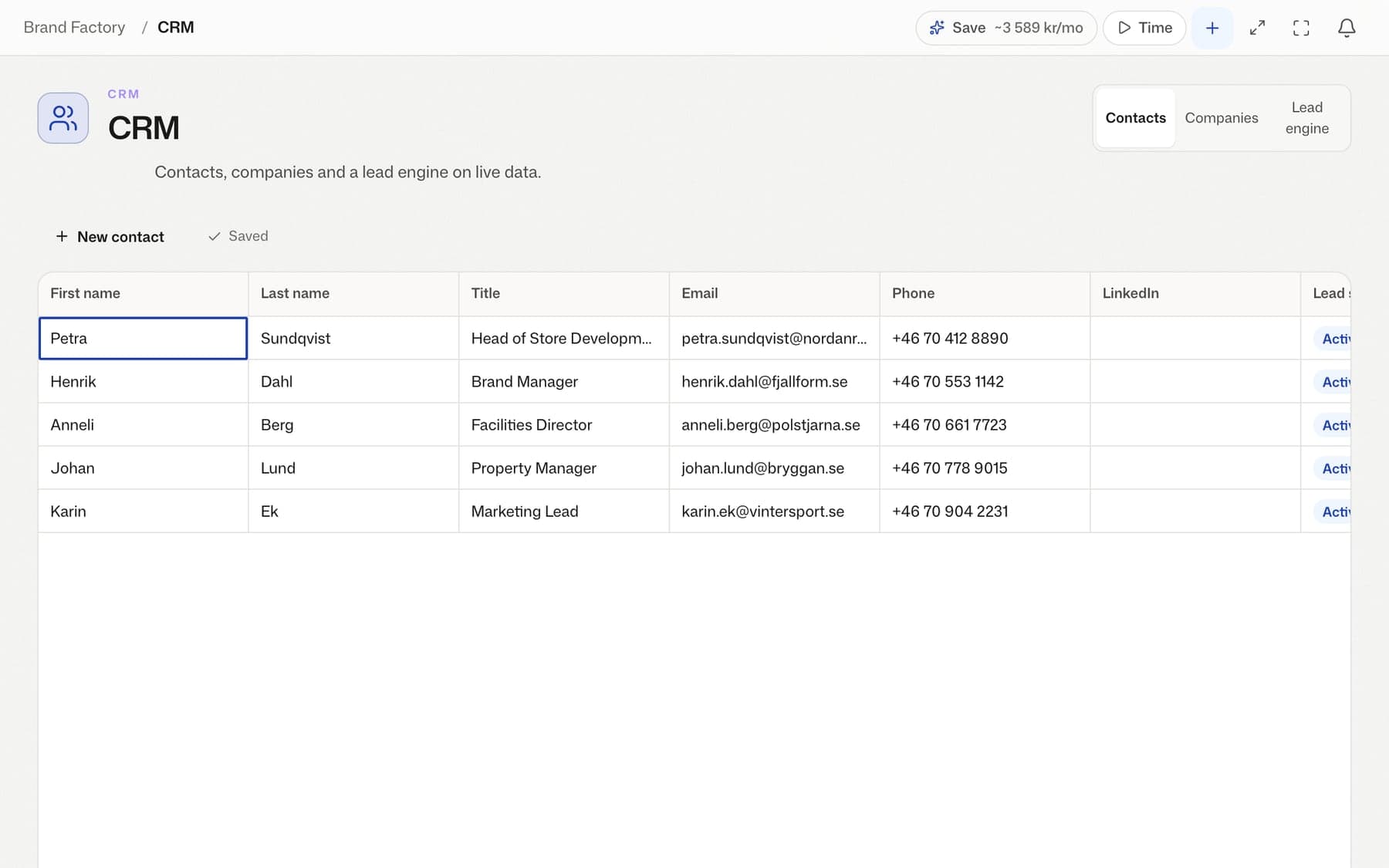 CRM:et i dotstacks demoarbetsyta