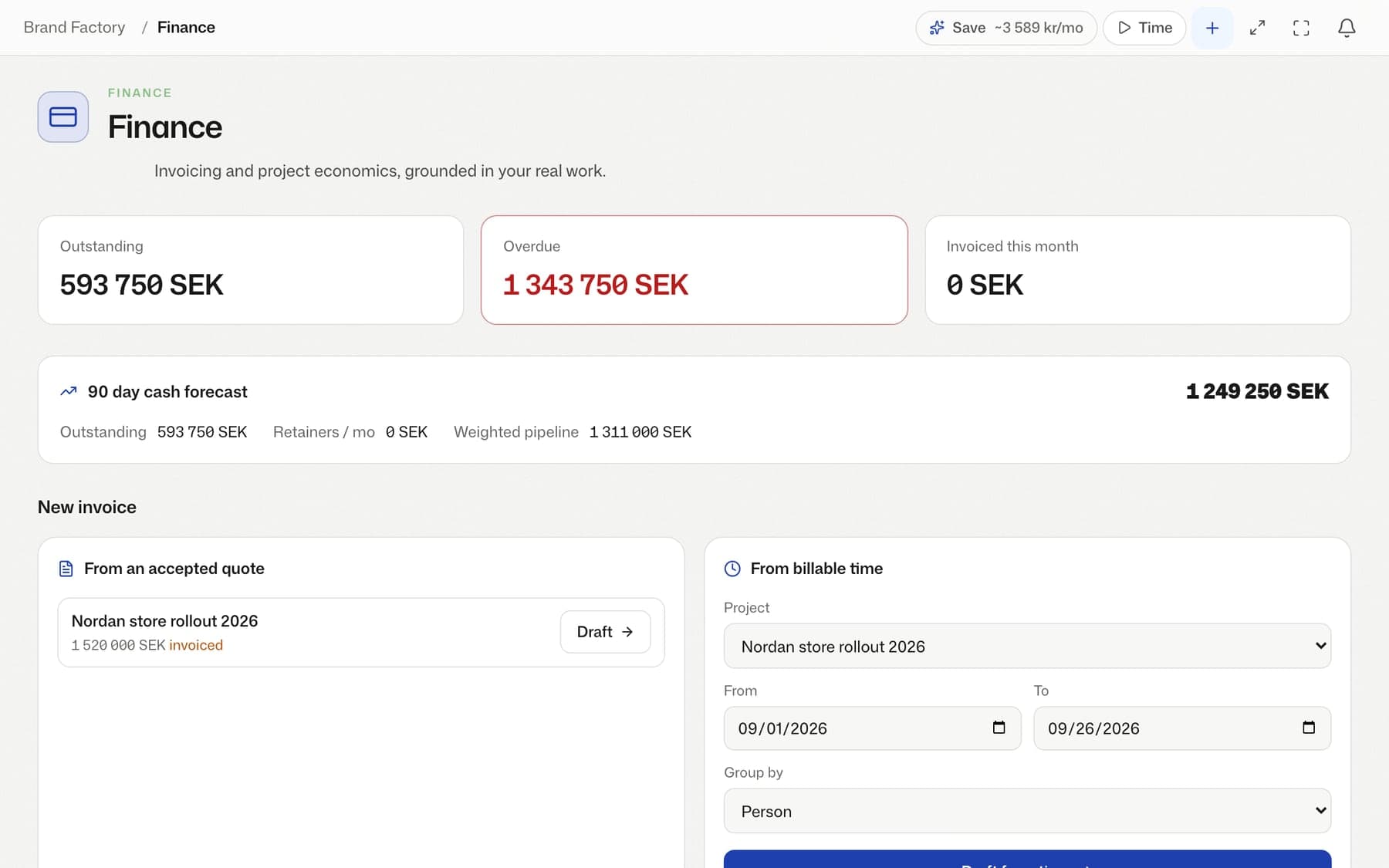 Ekonomimodulen i dotstack med kassaprognos och marginal per projekt